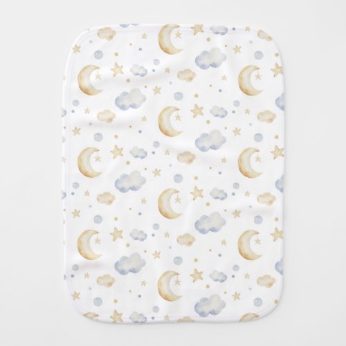 Watercolor Moon Stars  Cloud Pattern Baby Burp Cloth