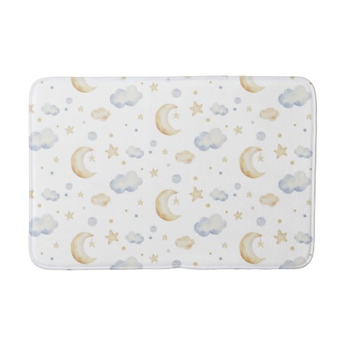 Watercolor Moon Stars  Cloud Pattern Bath Mat