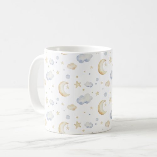 Watercolor Moon Stars  Cloud Pattern Coffee Mug