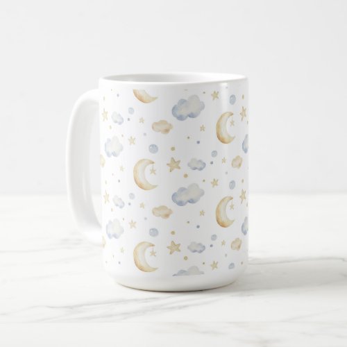 Watercolor Moon Stars  Cloud Pattern Coffee Mug