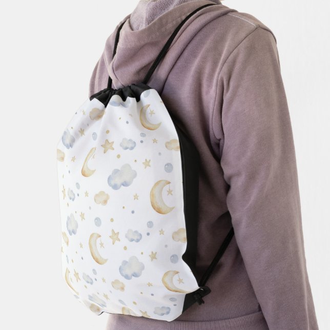 Watercolor Moon Stars & Cloud Pattern Drawstring Bag (Insitu)