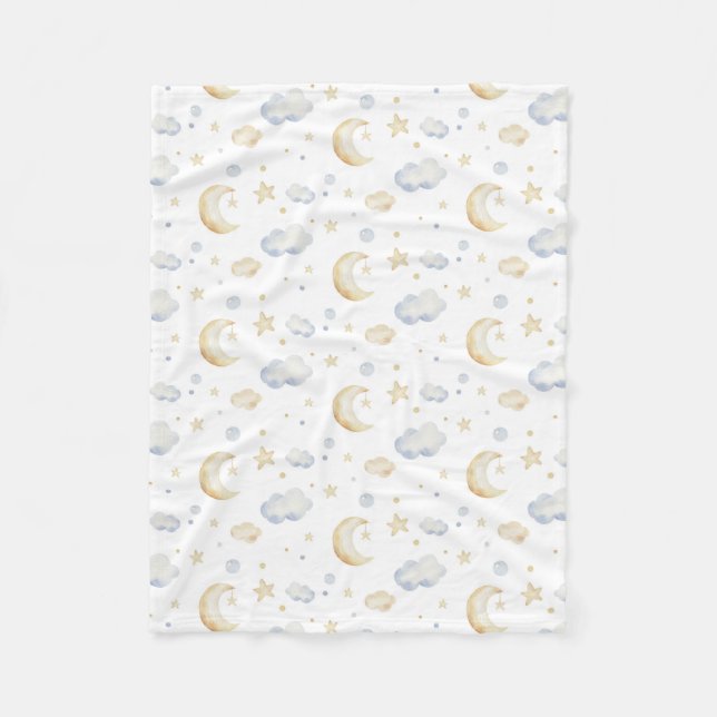 Watercolor Moon Stars & Cloud Pattern Fleece Blanket (Front)
