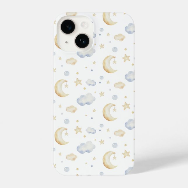 Watercolor Moon Stars & Cloud Pattern iPhone Case (Back)