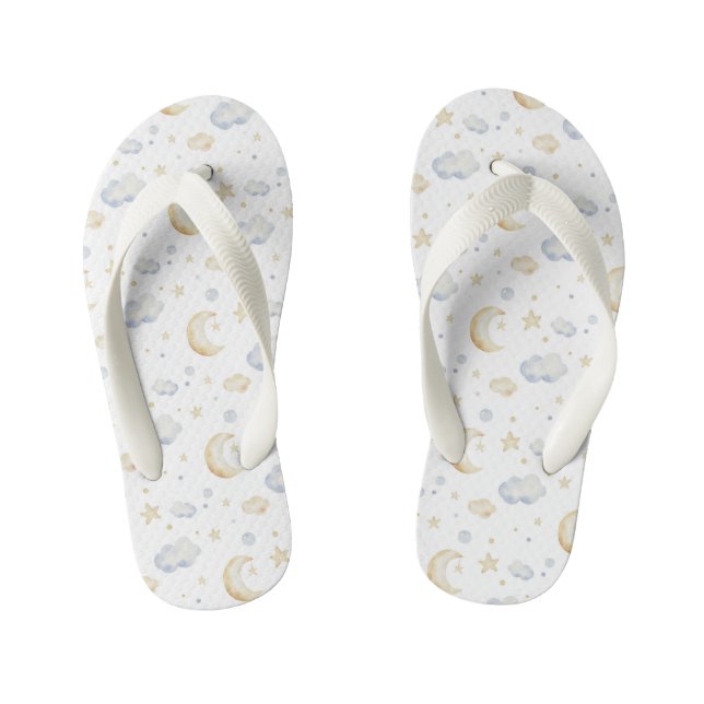 Watercolor Moon Stars & Cloud Pattern Kid's Flip Flops (Footbed)