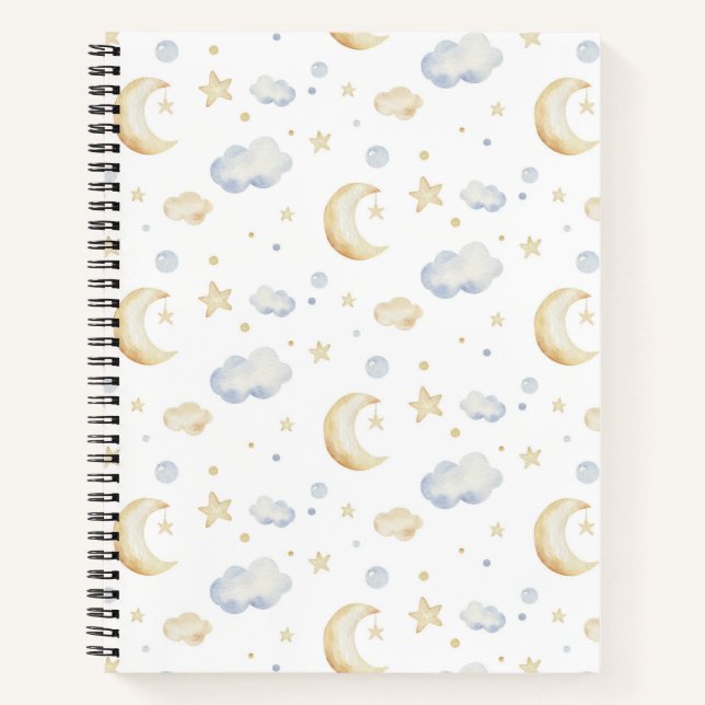 Watercolor Moon Stars & Cloud Pattern Notebook (Front)