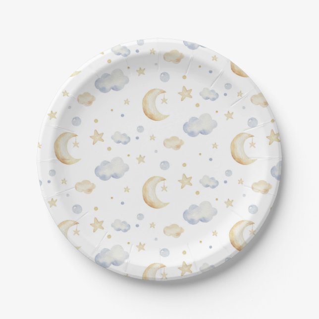 Watercolor Moon Stars & Cloud Pattern Paper Plates (Front)