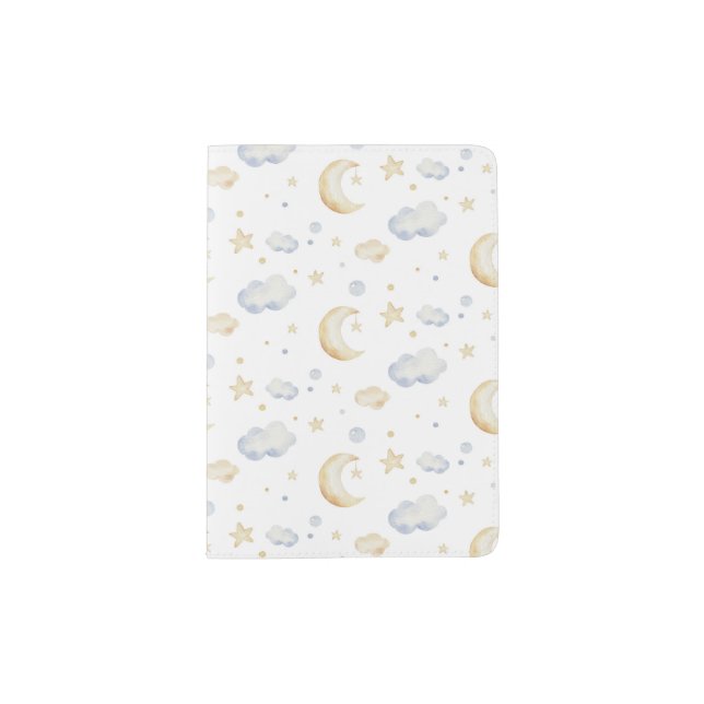 Watercolor Moon Stars & Cloud Pattern Passport Holder (Front)