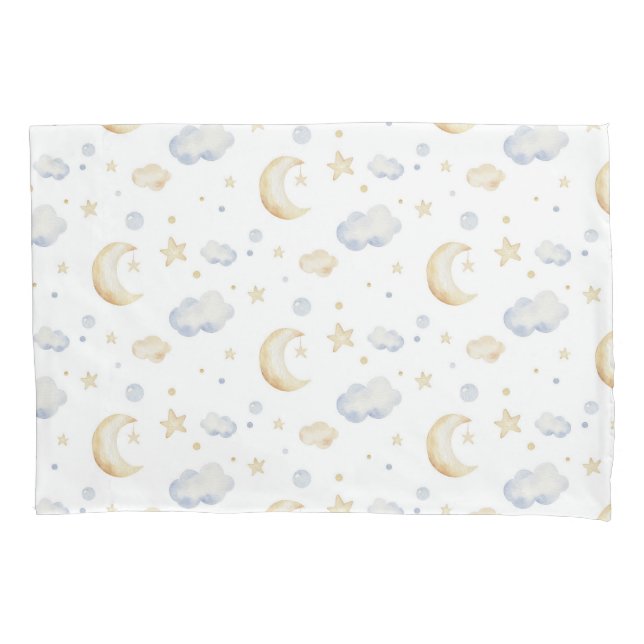 Watercolor Moon Stars & Cloud Pattern Pillow Case (Front)