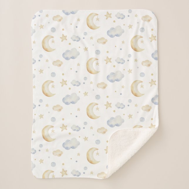 Watercolor Moon Stars & Cloud Pattern Sherpa Blanket (Front)
