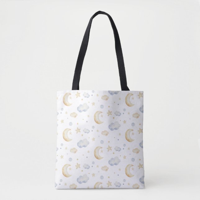 Watercolor Moon Stars & Cloud Pattern Tote Bag (Front)