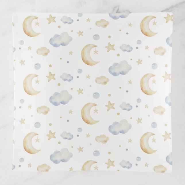 Watercolor Moon Stars & Cloud Pattern Trinket Tray (Front)