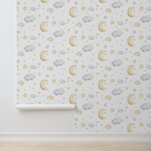 Watercolor Moon Stars & Cloud Pattern Wallpaper