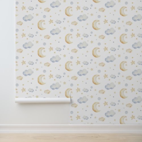 Watercolor Moon Stars  Cloud Pattern Wallpaper