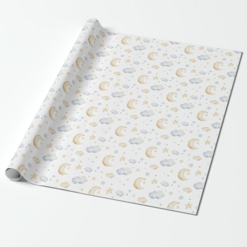 Watercolor Moon Stars  Cloud Pattern Wrapping Paper