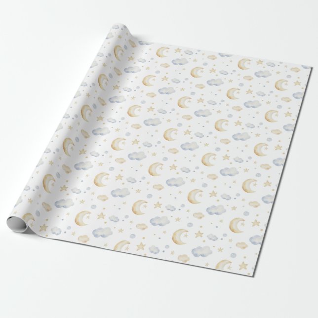 Watercolor Moon Stars & Cloud Pattern Wrapping Paper (Unrolled)