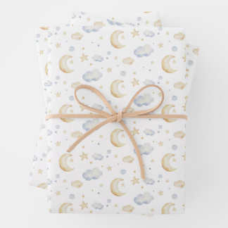 Watercolor Moon Stars & Cloud Pattern Wrapping Paper Sheets