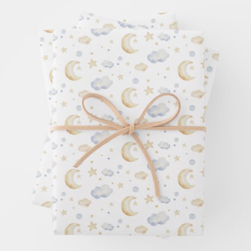 Watercolor Moon Stars  Cloud Pattern Wrapping Paper Sheets