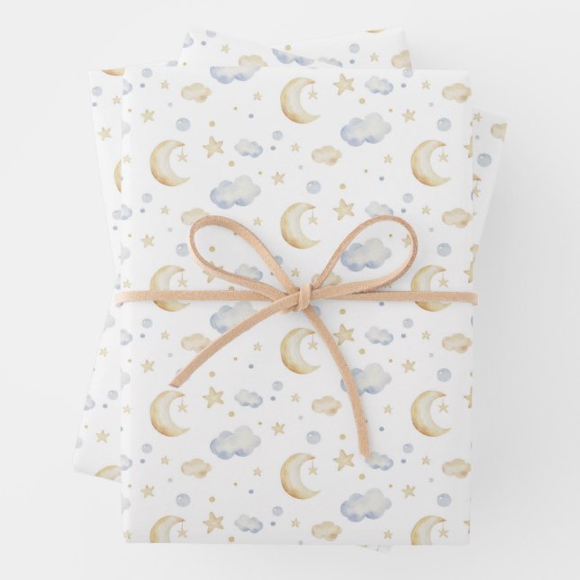 Watercolor Moon Stars & Cloud Pattern Wrapping Paper Sheets (In situ)