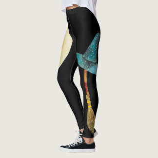 Watercolor Moon with Witch's Broom & Hat Leggings
