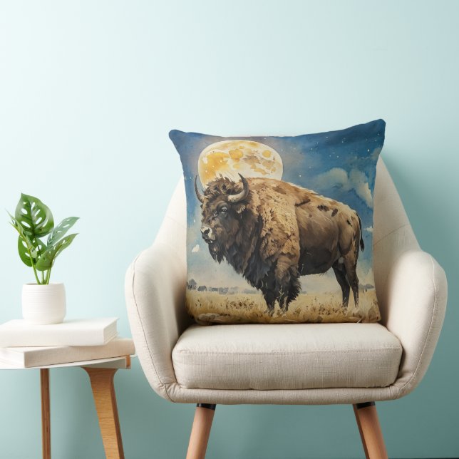 Watercolor Moonlit Bison Throw Pillow (Chair)