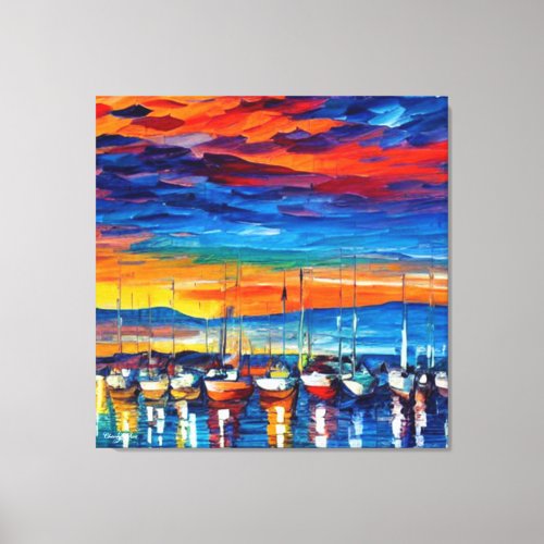 Watercolor Moored Sailboats At Sunset  Canvas Print