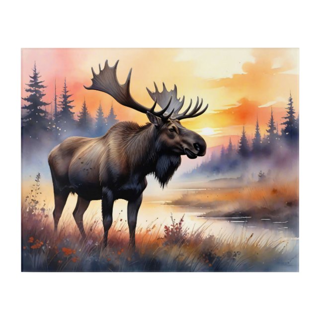Watercolor Moose at Sunrise Acrylic Print (Front)