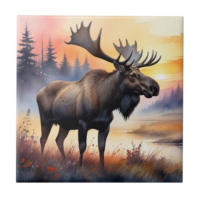 Watercolor Moose at Sunrise Ceramic Tile (Front)