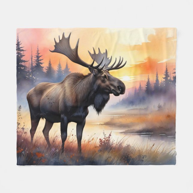 Watercolor Moose at Sunrise Fleece Blanket (Front (Horizontal))