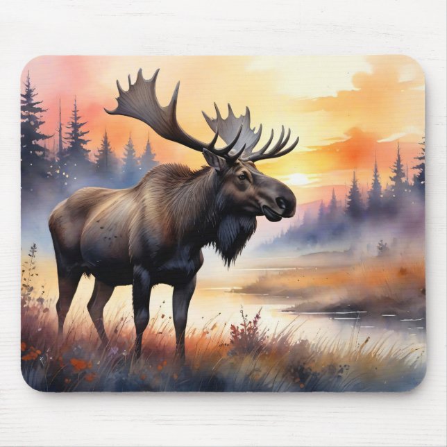 Watercolor Moose at Sunrise Mouse Pad (Front)