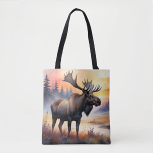 Watercolor Moose at Sunrise Tote Bag