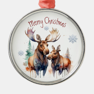 Watercolor Moose Couple Winter Animal Art Metal Ornament