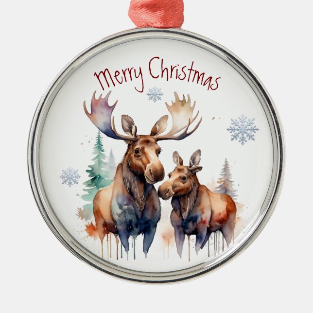 Watercolor Moose Couple Winter Animal Art Metal Ornament (Front)