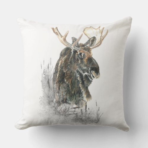 Watercolor Moose in Wetlands Wildlife Animal art Outdoor Pillow