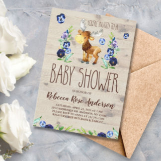 Watercolor Moose Woodland Baby Boy Baby Shower Invitation