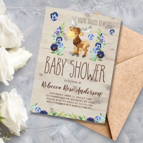 Watercolor Moose Woodland Baby Boy Baby Shower Invitation