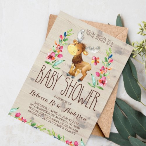 Watercolor Moose Woodland Baby Shower Invitation