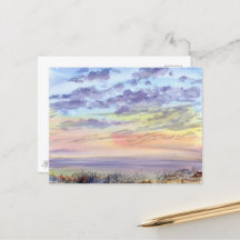 Watercolor morning landscape with clouds and sea