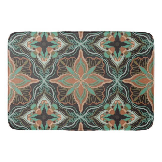 Watercolor Moroccan Brown Floral Tile  Bath Mat (Front)