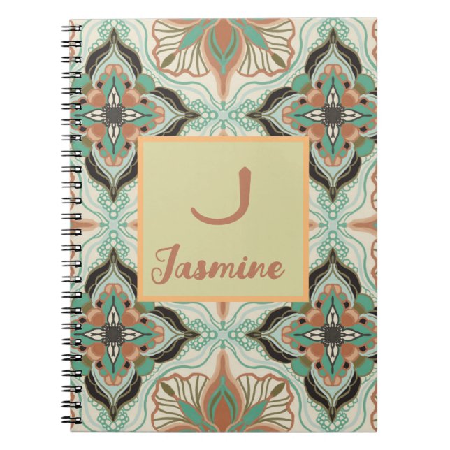 Watercolor Moroccan Floral Mint Personalized Notebook (Front)
