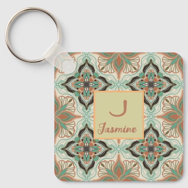 Watercolor Moroccan Floral Tile Personalized  Keychain (Front)