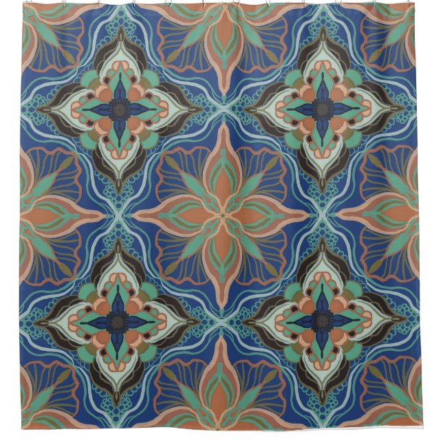 Watercolor Moroccan Marrakech Floral Tile  Shower Curtain (Front)