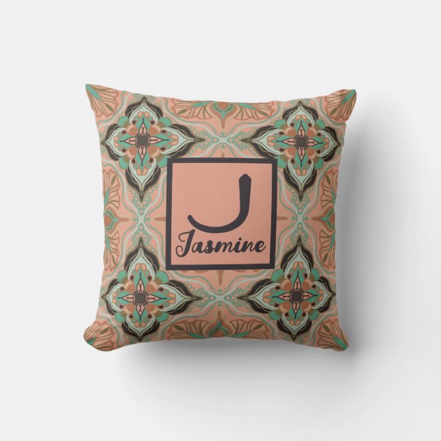 Watercolor Moroccan Pink Floral Personalized Throw Pillow (Front)