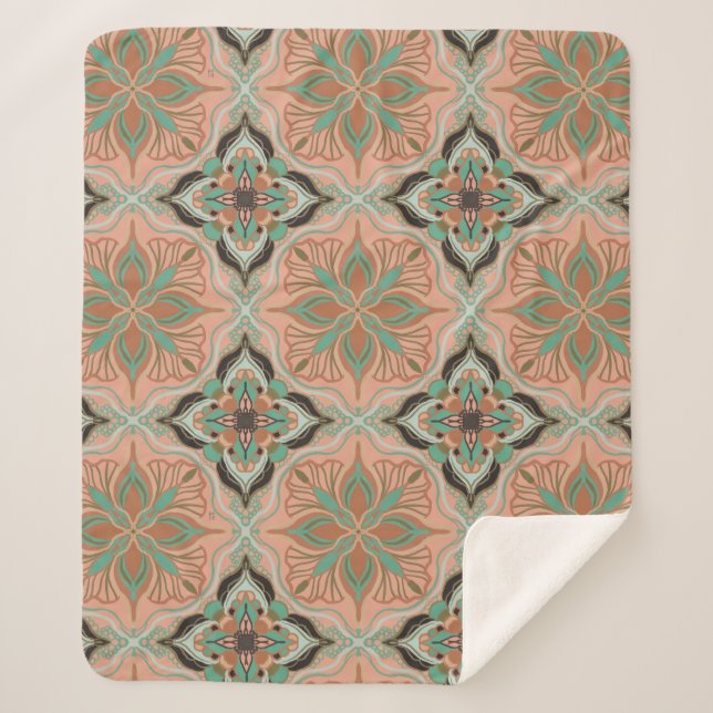 Watercolor Moroccan Pink Floral  Sherpa Blanket (Front)