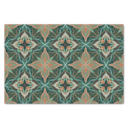 Watercolor Moroccan Teal Floral Tile Tissue Paper
