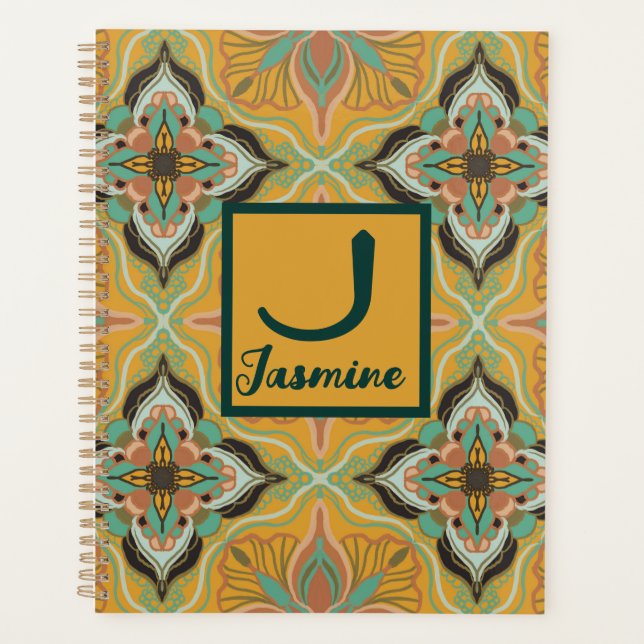 Watercolor Moroccan Yellow Floral Personalized  Planner (Front)