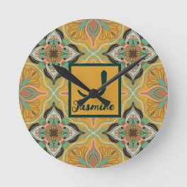 Watercolor Moroccan Yellow Floral Personalized Round Clock
