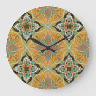 Watercolor Moroccan Yellow Floral Tile Large Clock
