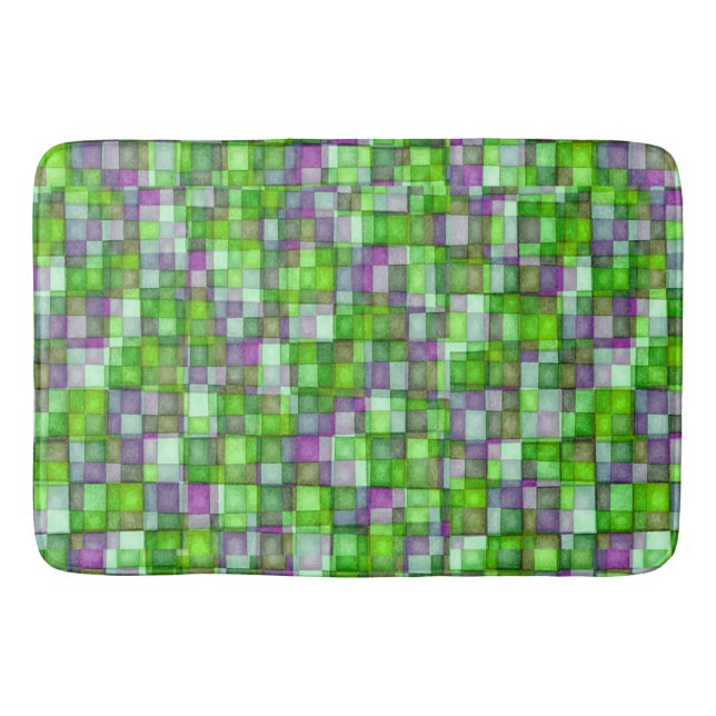 Watercolor Mosaic Tiles Bright Green & Purple Bathroom Mat (Front)