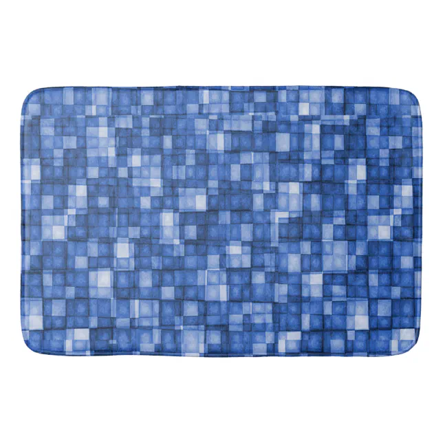 Watercolor Mosaic Tiles Shades of Cobalt Blue Bath Mat Zazzle