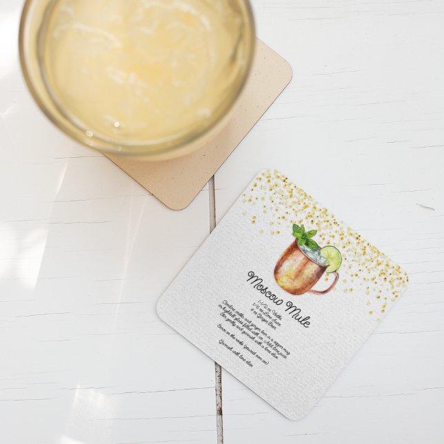 Watercolor Moscow Mule Custom Cocktail Recipe Square Paper Coaster (Creator Uploaded)